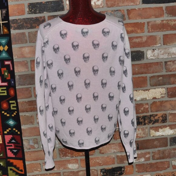 Skull Cashmere All Over Print 100% Cashmere Dusty Rose Pink V Neck Sweater M - Picture 5 of 8